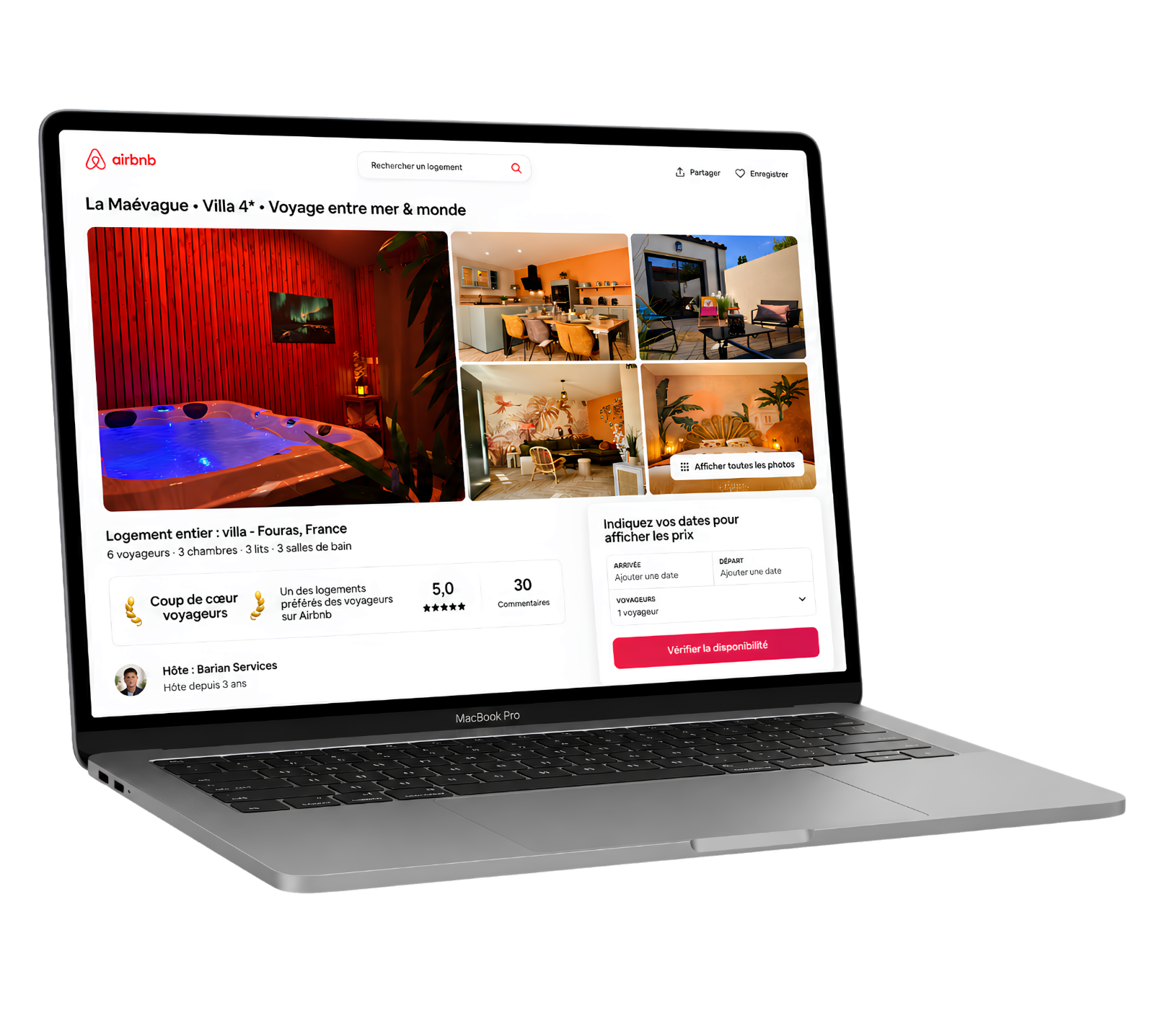 Annonce Airbnb d'un logement géré par Barian Services, affichée sur un MacBook