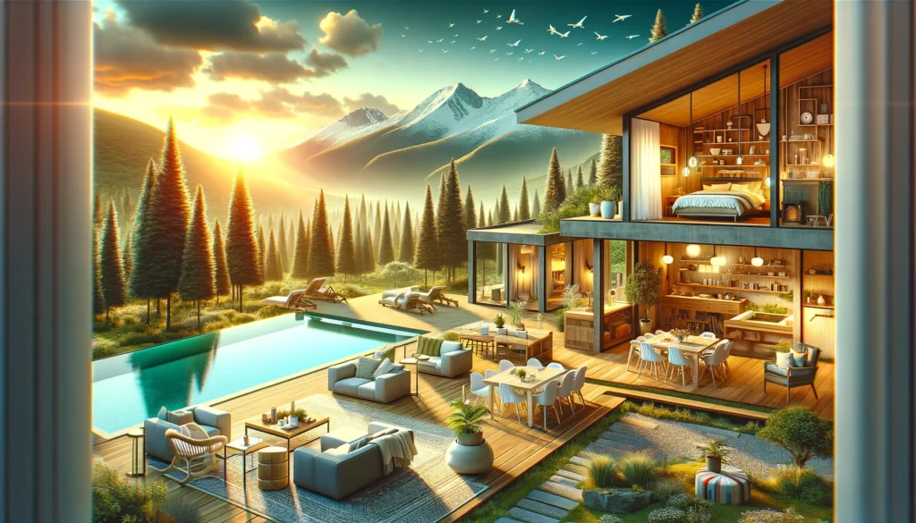 Photo d'une sublime villa avec une vue magnifique sur les montagnes et le coucher de soleil