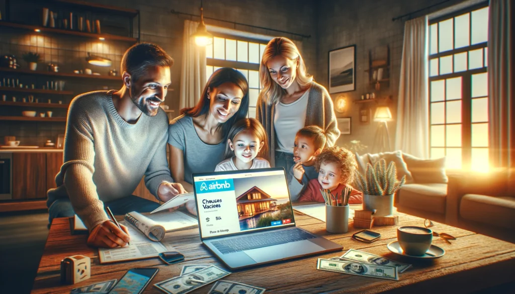Image d'une famille qui planifie des vacances sur airbnb
